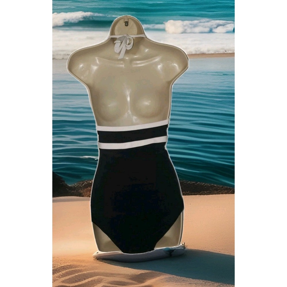 Merona Women's S Halter One piece Swimsuit Runched Keyhole front‎ Black/white - Picture 2 of 3